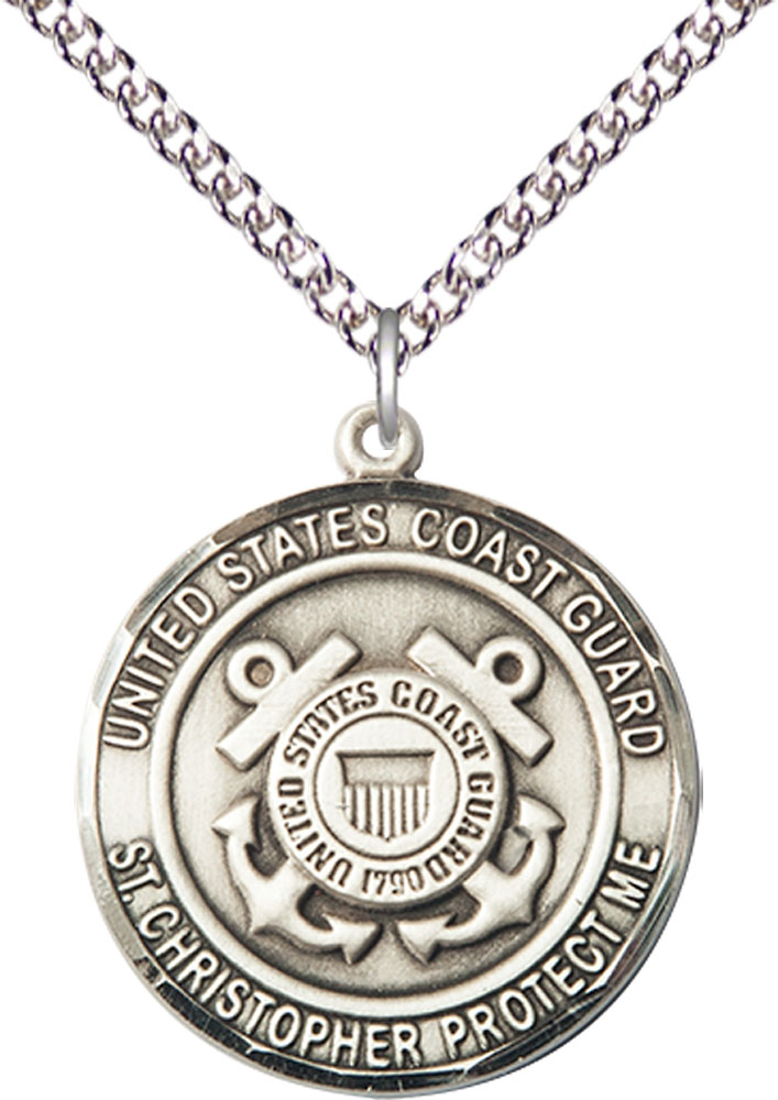 Sterling Silver Coast Guard St Christopher Pendant on a 24 inch Sterling Silver Heavy Curb chain