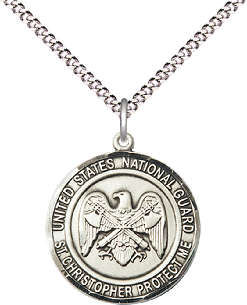 Sterling Silver National Guard St Christopher Pendant on a 18 inch Light Rhodium Light Curb chain