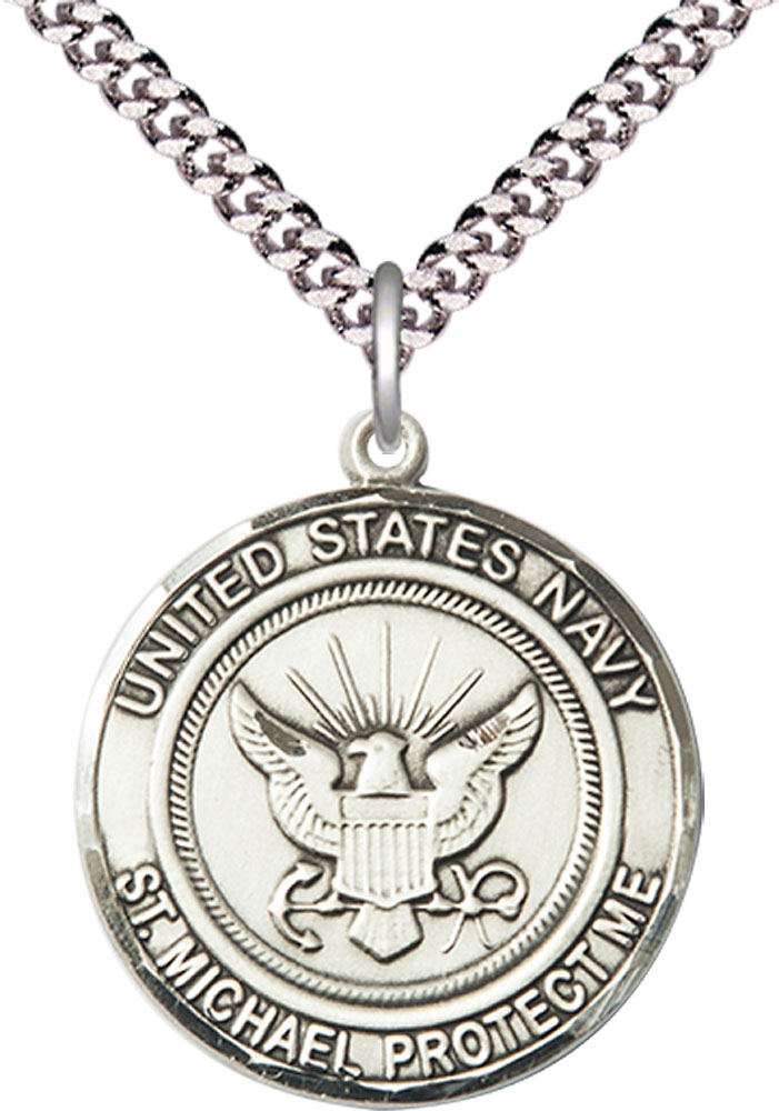 Sterling Silver Navy St Michael Pendant on a 24 inch Light Rhodium Heavy Curb chain