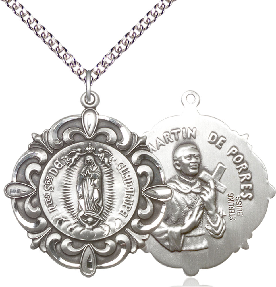 Sterling Silver Our Lady of Guadalupe Pendant on a 24 inch Sterling Silver Heavy Curb chain