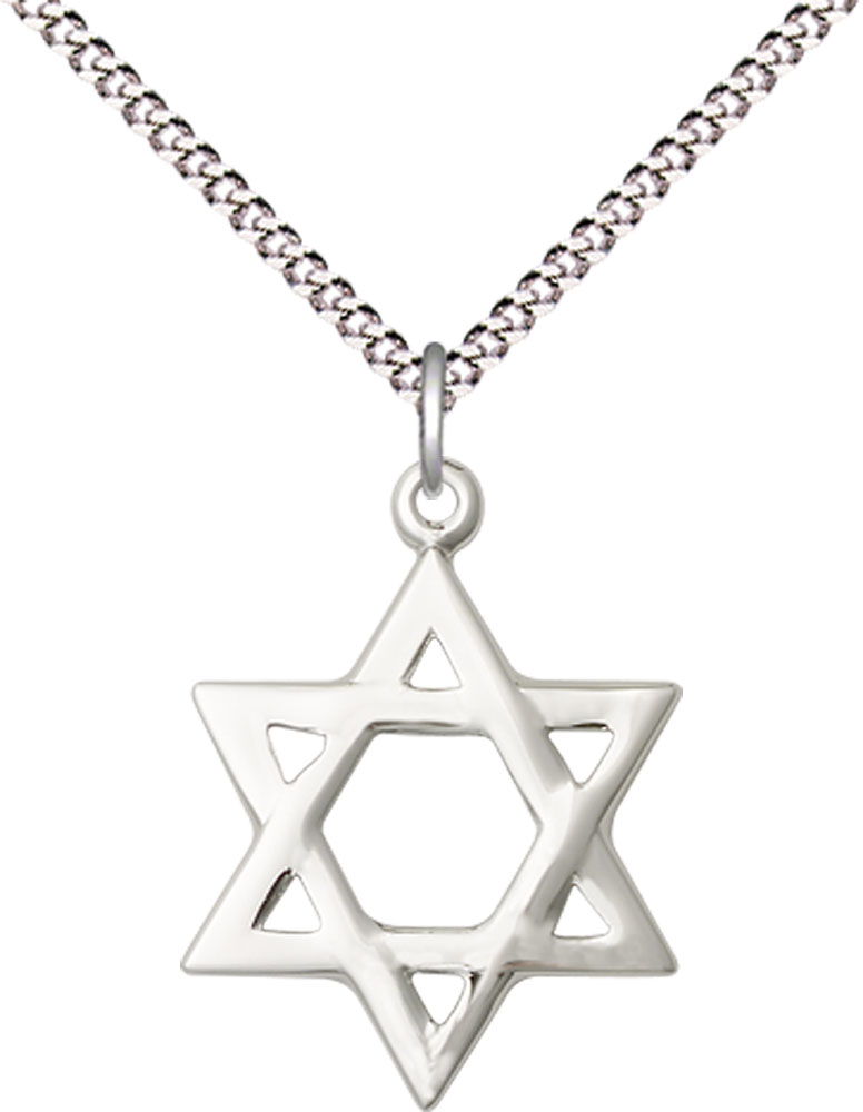 Sterling Silver Star of David Pendant on a 18 inch Light Rhodium Light Curb chain