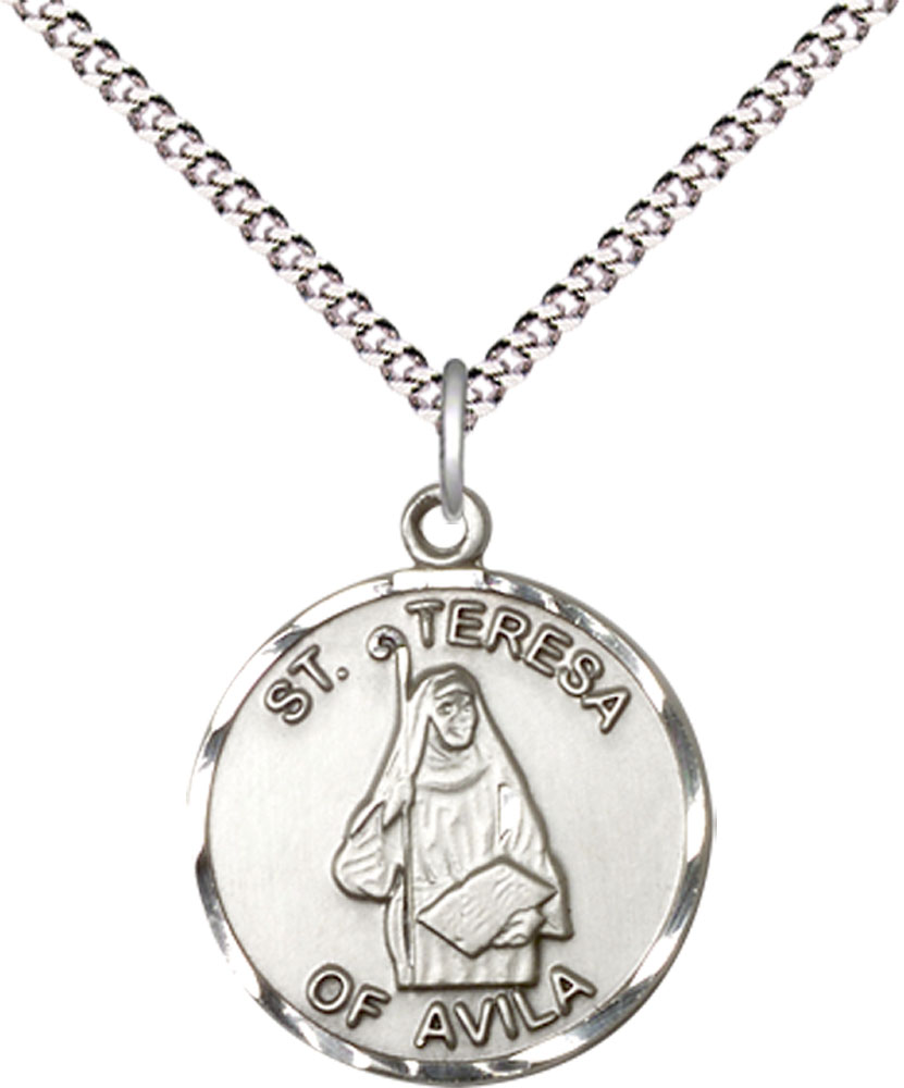 Sterling Silver Saint Theresa Pendant on a 18 inch Light Rhodium Light Curb chain