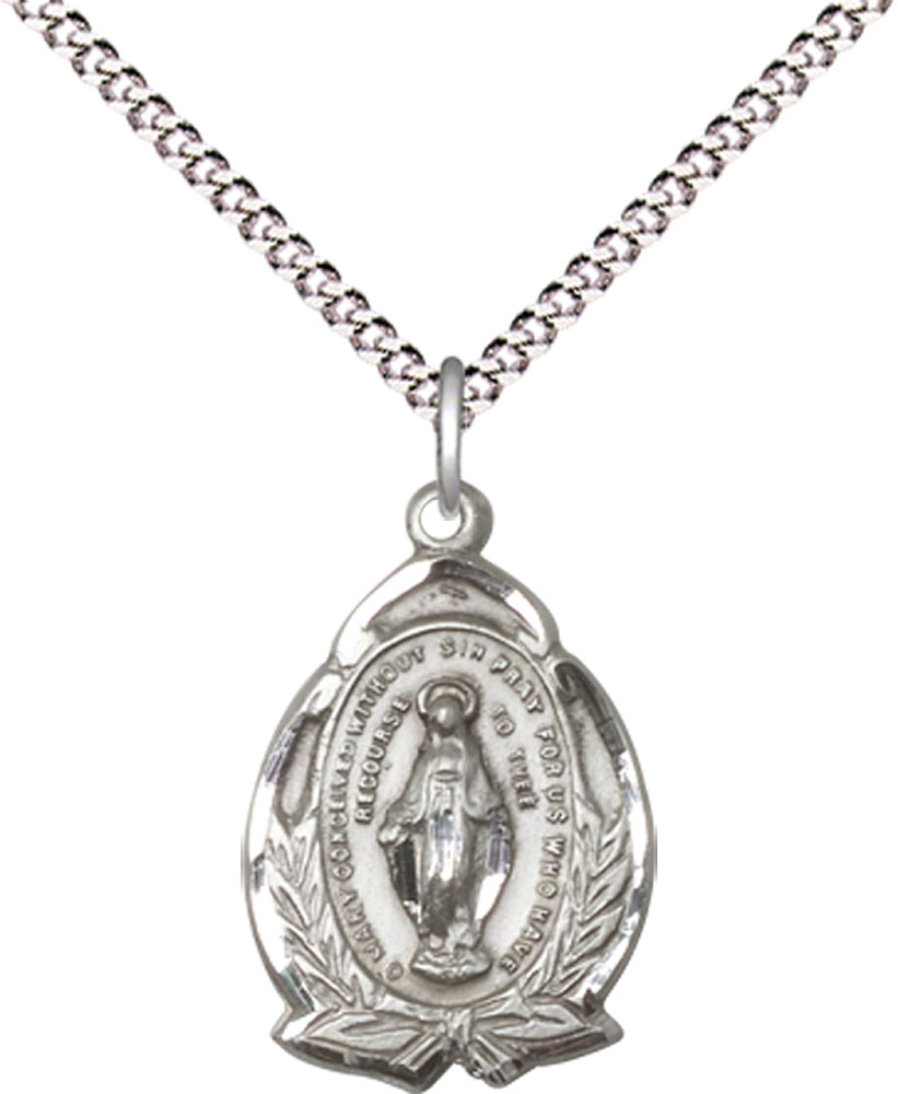 Sterling Silver Miraculous Pendant on a 18 inch Light Rhodium Light Curb chain