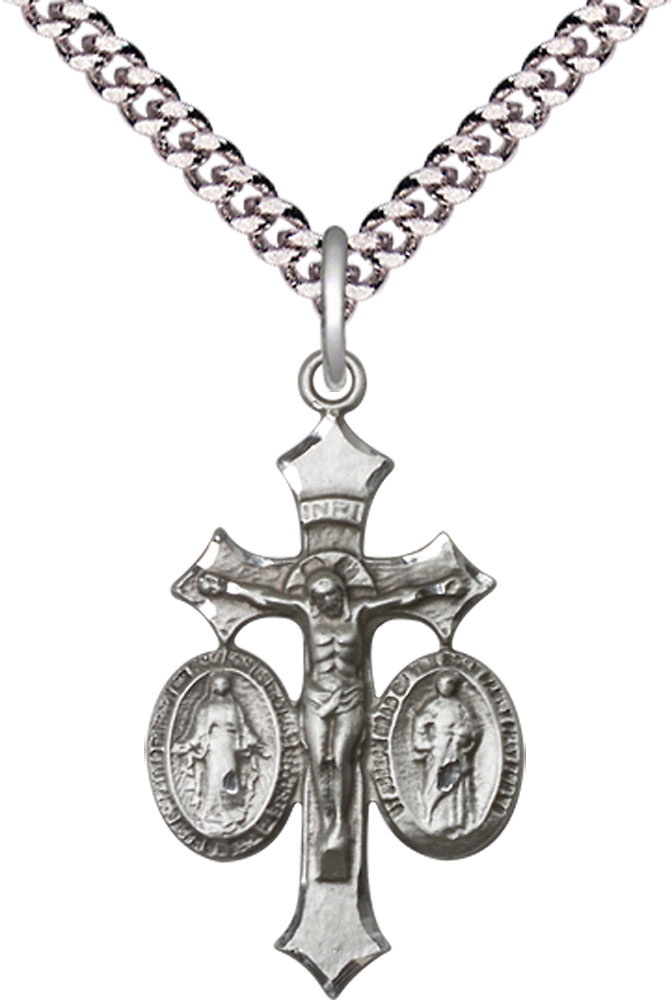 Sterling Silver Jesus, Mary &amp; Joseph Pendant on a 24 inch Light Rhodium Heavy Curb chain