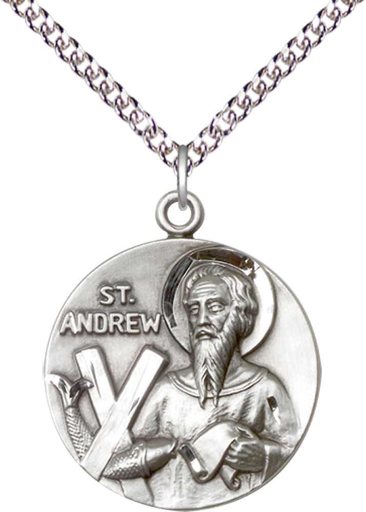 Sterling Silver Saint Andrew Pendant on a 24 inch Sterling Silver Heavy Curb chain