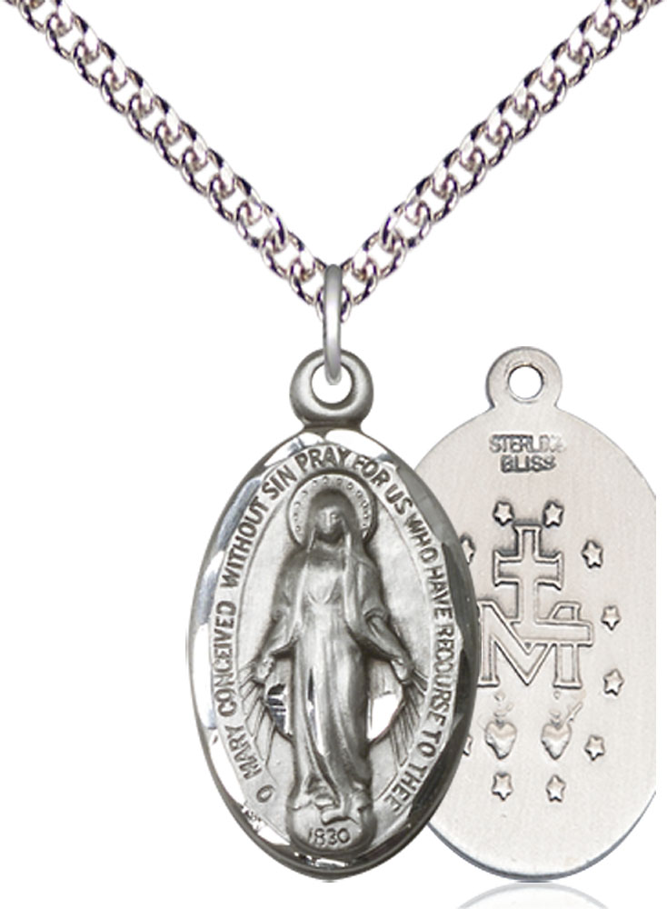 Sterling Silver Miraculous Pendant on a 24 inch Sterling Silver Heavy Curb chain