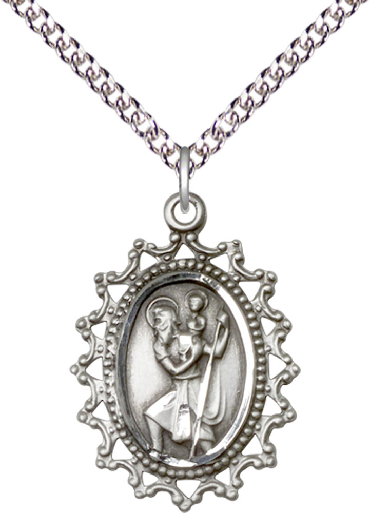 Sterling Silver Saint Christopher Pendant on a 24 inch Sterling Silver Heavy Curb chain