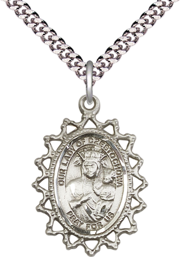Sterling Silver Our Lady of Czestochowa Pendant on a 24 inch Light Rhodium Heavy Curb chain