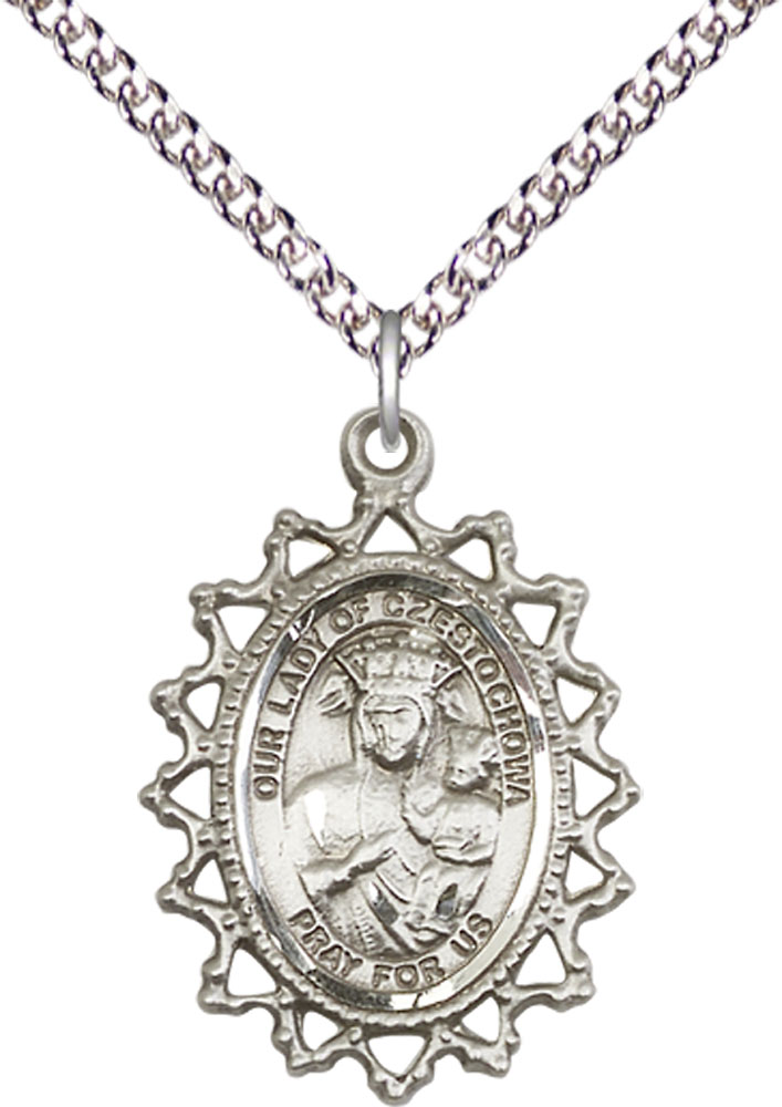 Sterling Silver Our Lady of Czestochowa Pendant on a 24 inch Sterling Silver Heavy Curb chain