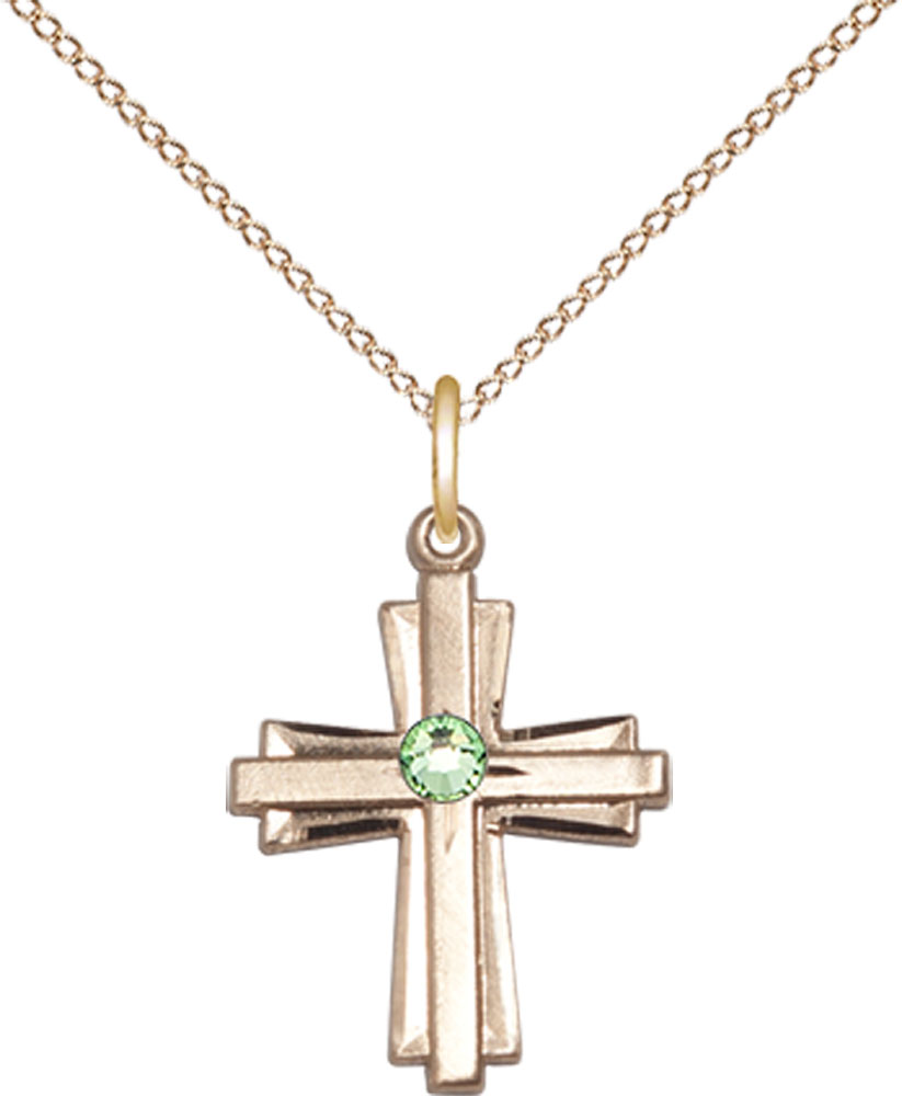 14kt Gold Filled Cross Pendant with a 3mm Peridot Swarovski stone on a 18 inch Gold Filled Light Curb chain