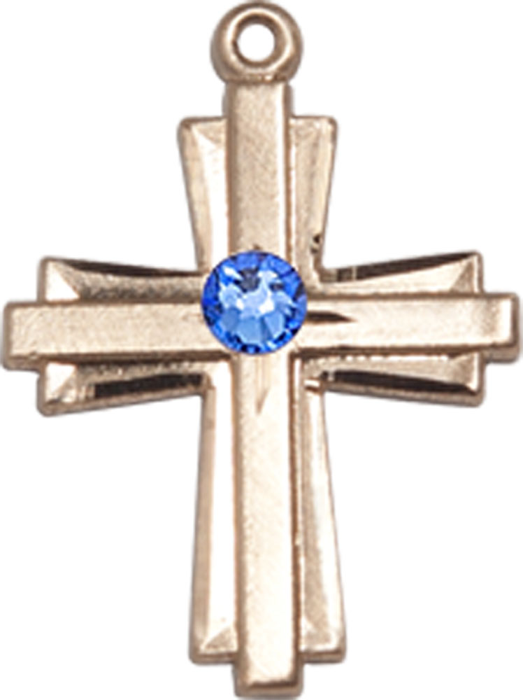 14kt Gold Cross Medal with a 3mm Sapphire Swarovski stone