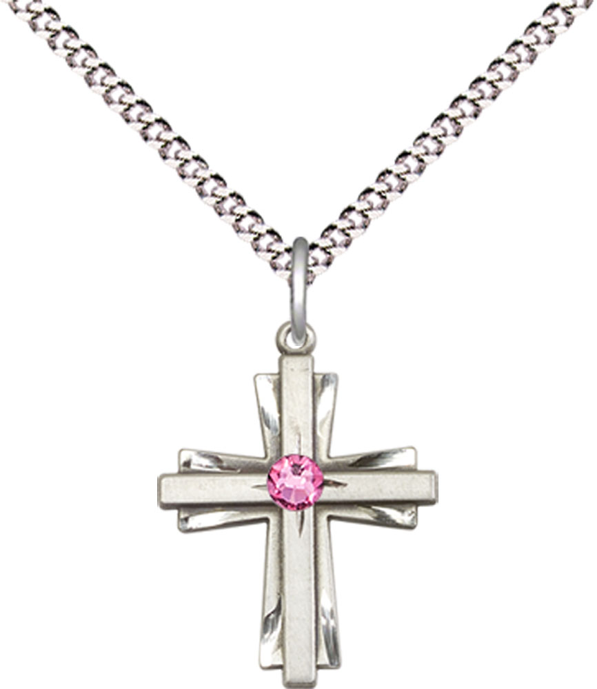 Sterling Silver Cross Pendant with a 3mm Rose Swarovski stone on a 18 inch Light Rhodium Light Curb chain