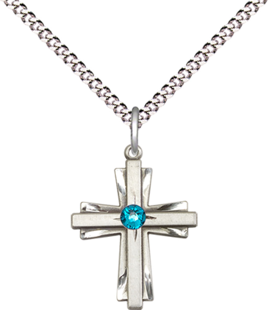 Sterling Silver Cross Pendant with a 3mm Zircon Swarovski stone on a 18 inch Light Rhodium Light Curb chain