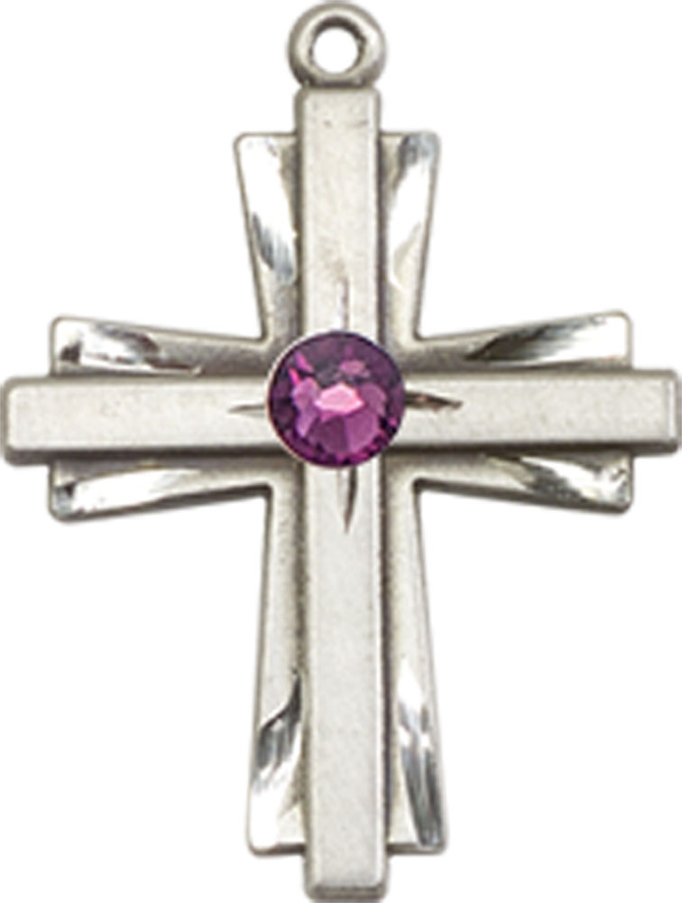 Sterling Silver Cross Medal with a 3mm Amethyst Swarovski stone