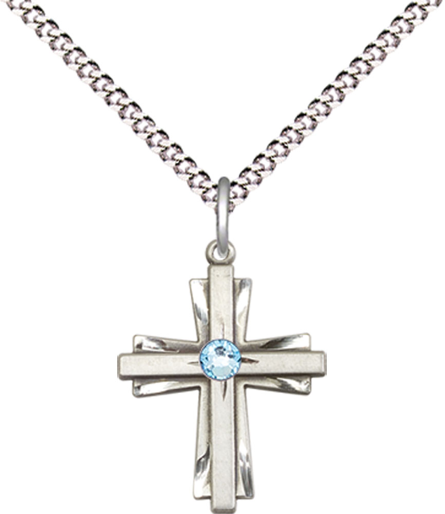 Sterling Silver Cross Pendant with a 3mm Aqua Swarovski stone on a 18 inch Light Rhodium Light Curb chain