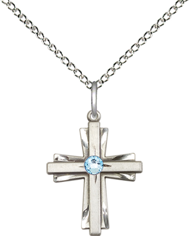 Sterling Silver Cross Pendant with a 3mm Aqua Swarovski stone on a 18 inch Sterling Silver Light Curb chain