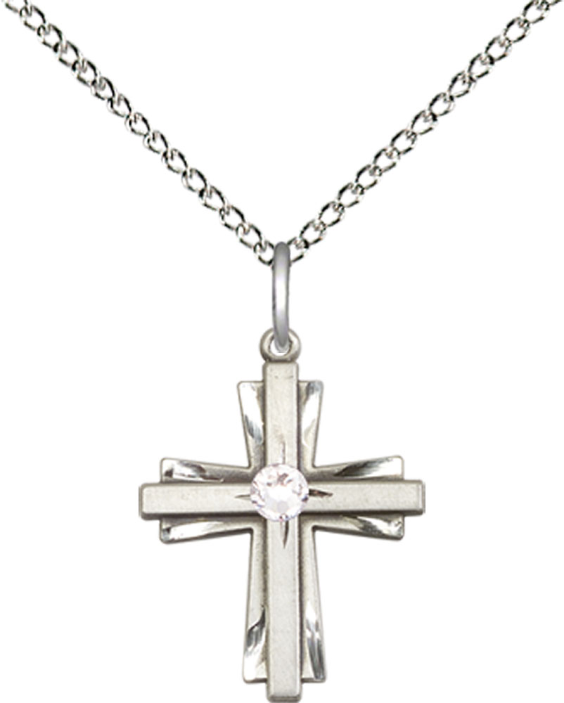 Sterling Silver Cross Pendant with a 3mm Crystal Swarovski stone on a 18 inch Sterling Silver Light Curb chain