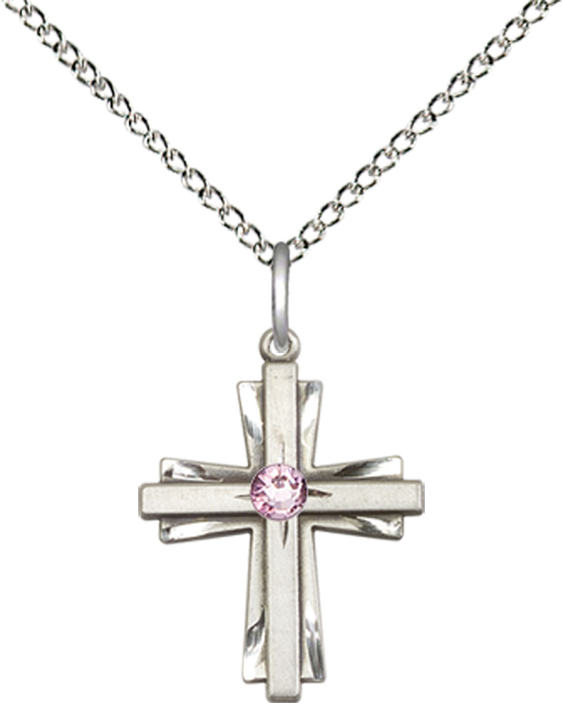 Sterling Silver Cross Pendant with a 3mm Light Amethyst Swarovski stone on a 18 inch Sterling Silver Light Curb chain