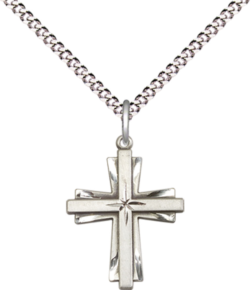 Sterling Silver Cross Pendant on a 18 inch Light Rhodium Light Curb chain