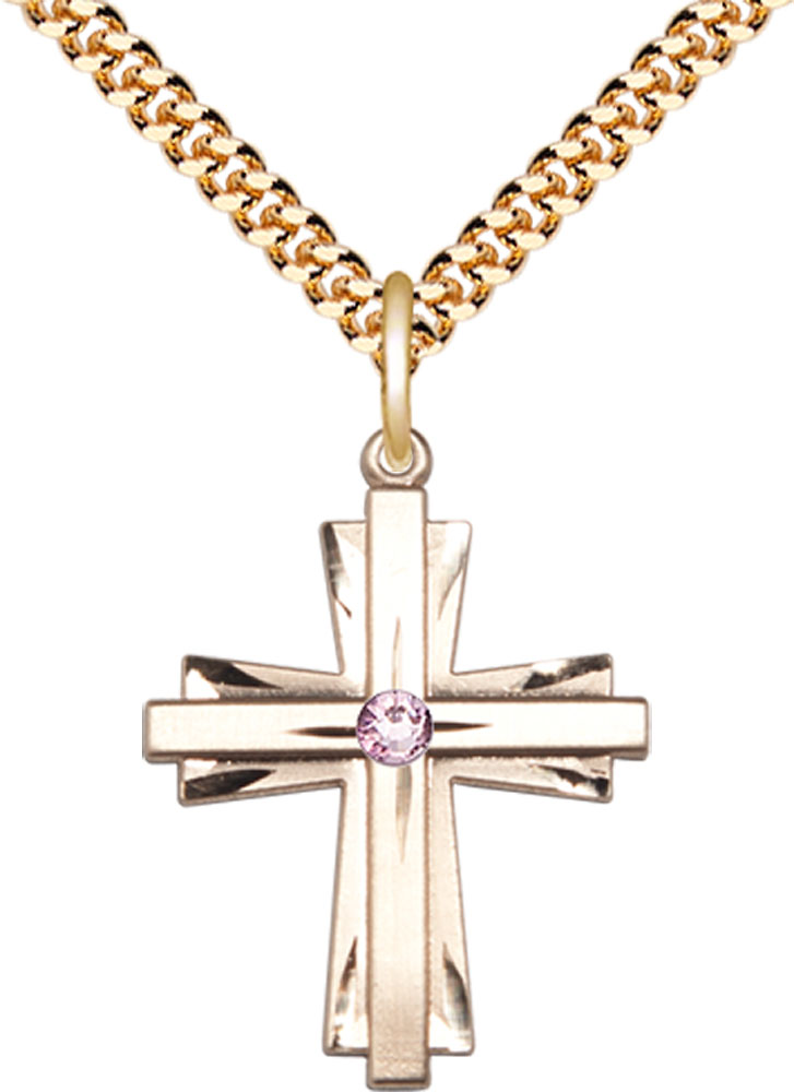 14kt Gold Filled Cross Pendant with a 3mm Light Amethyst Swarovski stone on a 24 inch Gold Plate Heavy Curb chain