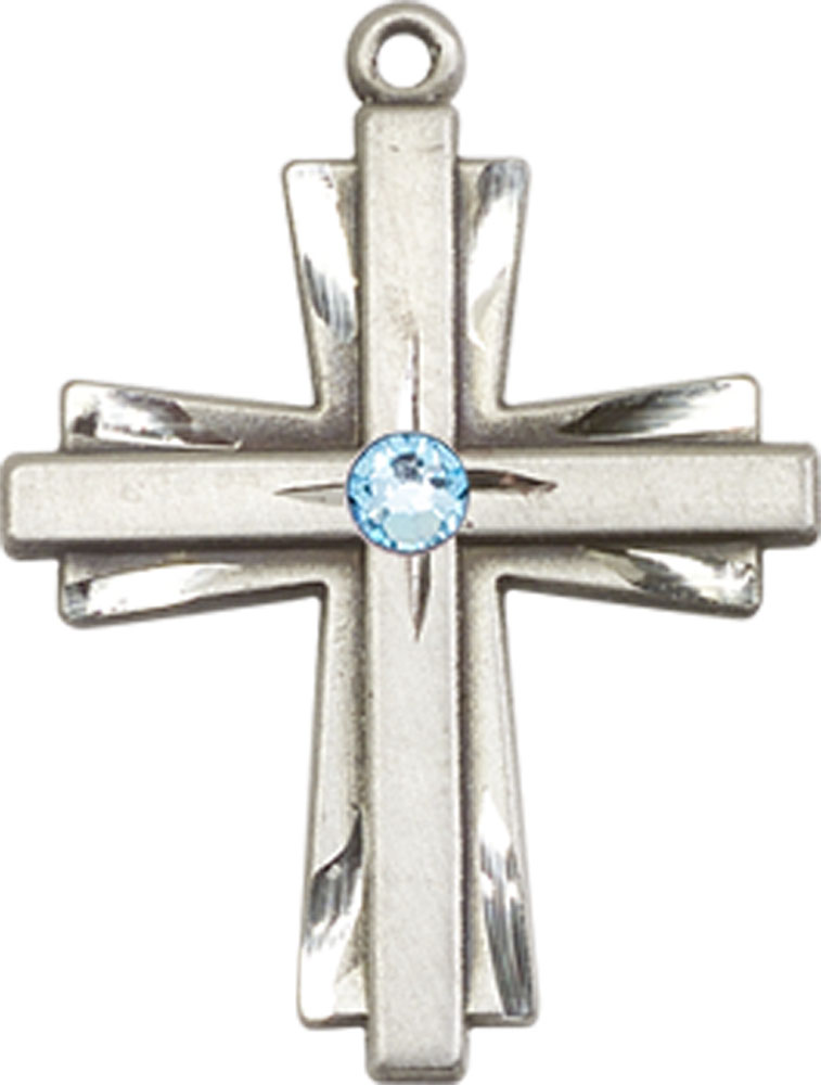 Sterling Silver Cross Medal with a 3mm Aqua Swarovski stone