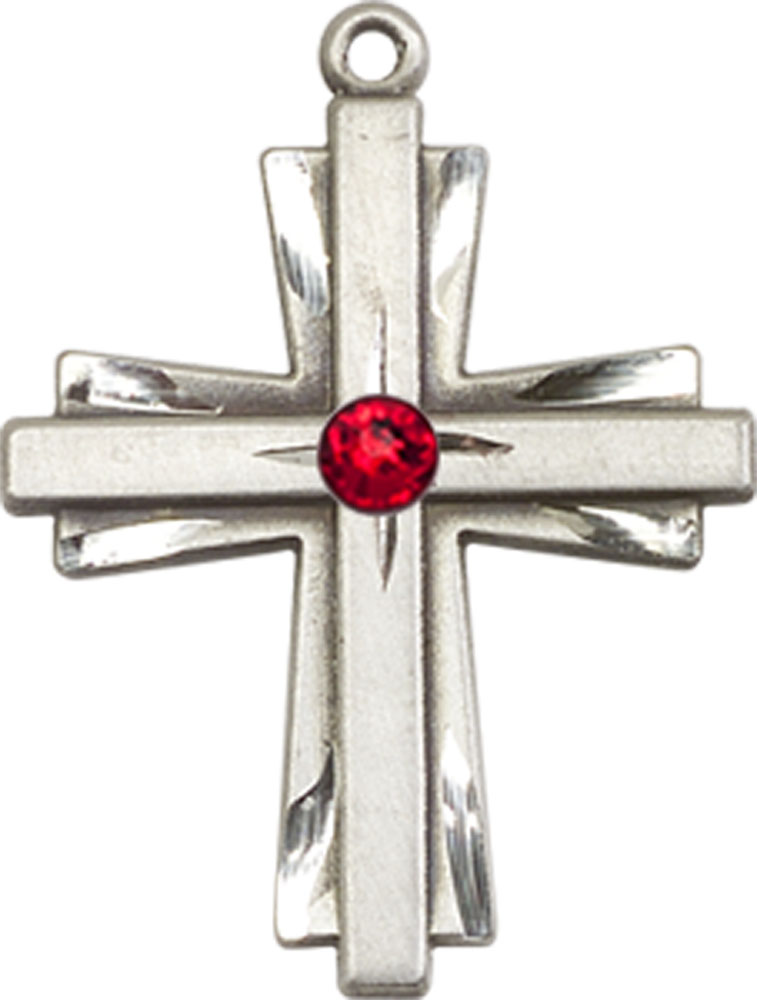 Sterling Silver Cross Medal with a 3mm Ruby Swarovski stone