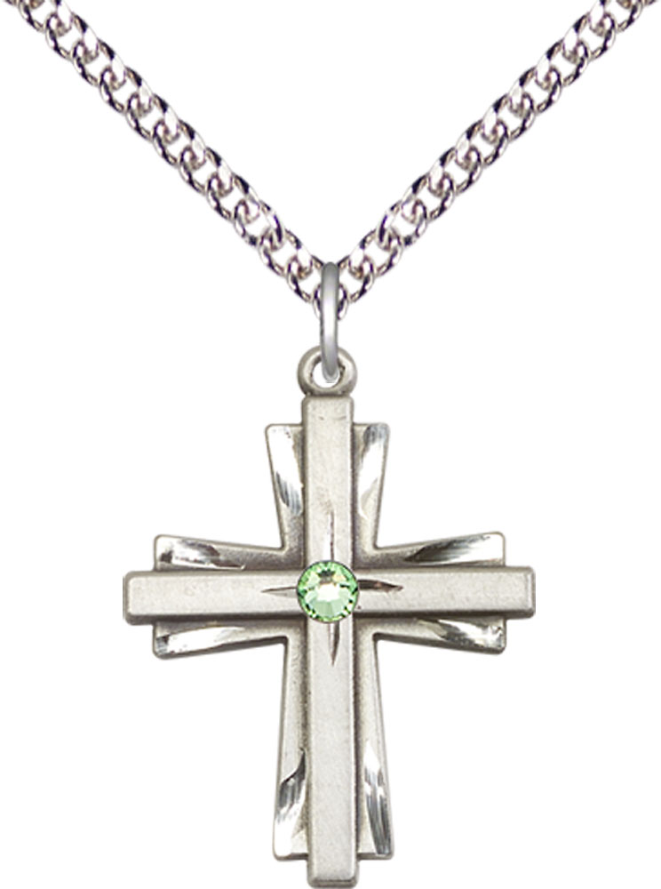 Sterling Silver Cross Pendant with a 3mm Peridot Swarovski stone on a 24 inch Sterling Silver Heavy Curb chain