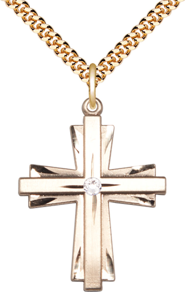 14kt Gold Filled Cross Pendant with a 3mm Crystal Swarovski stone on a 24 inch Gold Plate Heavy Curb chain