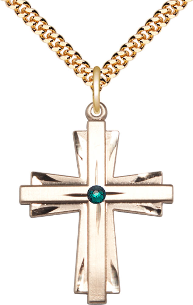 14kt Gold Filled Cross Pendant with a 3mm Emerald Swarovski stone on a 24 inch Gold Plate Heavy Curb chain