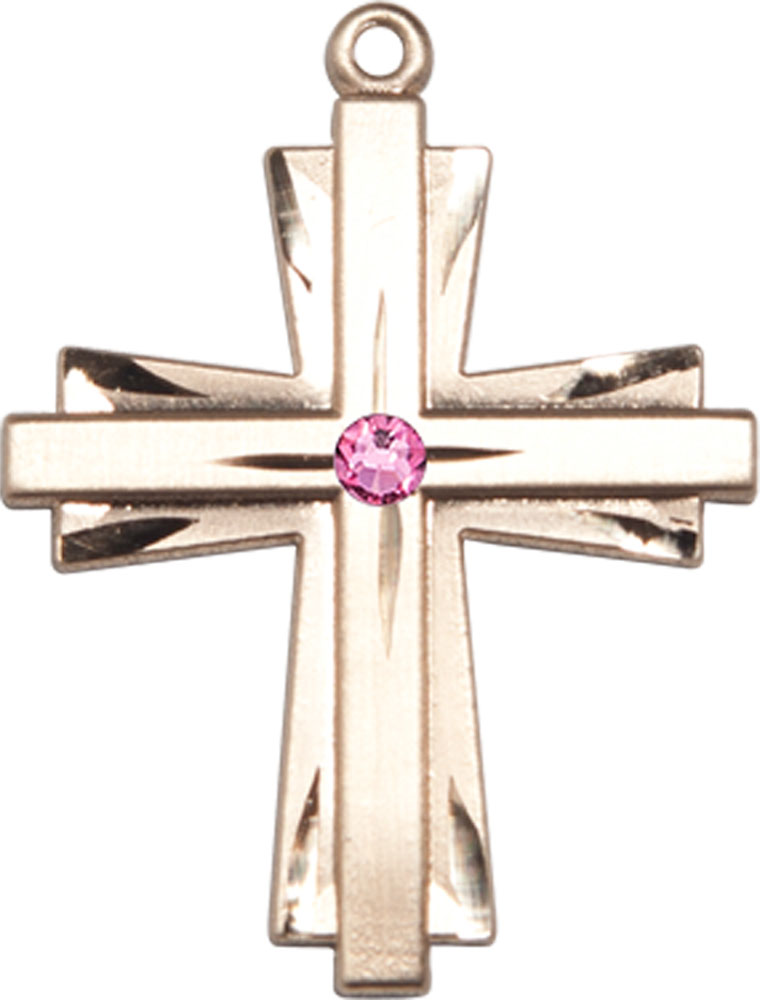 14kt Gold Cross Medal with a 3mm Rose Swarovski stone