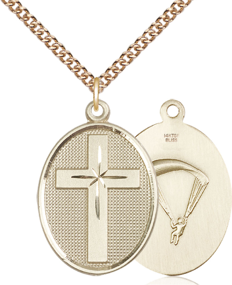 14kt Gold Filled Cross Paratrooper Pendant on a 24 inch Gold Filled Heavy Curb chain