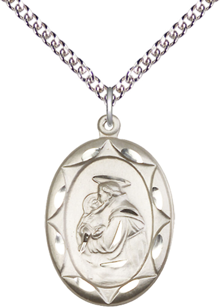 Sterling Silver Saint Anthony Pendant on a 24 inch Sterling Silver Heavy Curb chain