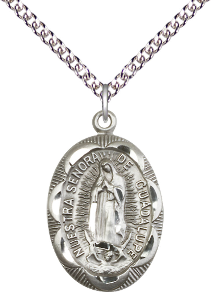 Sterling Silver Our Lady of Guadalupe Pendant on a 24 inch Sterling Silver Heavy Curb chain