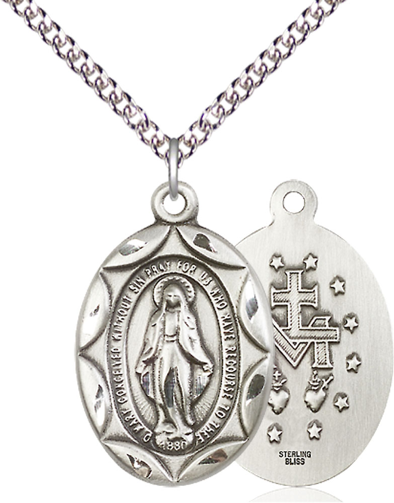 Sterling Silver Miraculous Pendant on a 24 inch Sterling Silver Heavy Curb chain