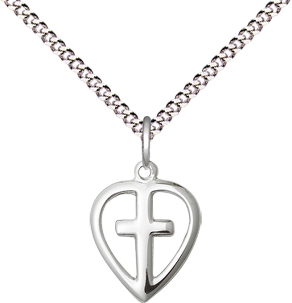 Sterling Silver Heart Cross Pendant on a 18 inch Light Rhodium Light Curb chain
