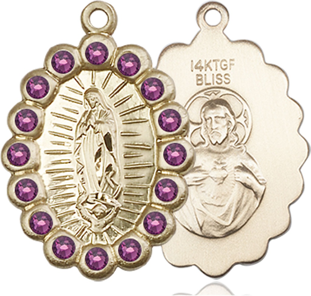 14kt Gold Filled Our Lady of Guadalupe Medal with Amethyst Swarovski stones
