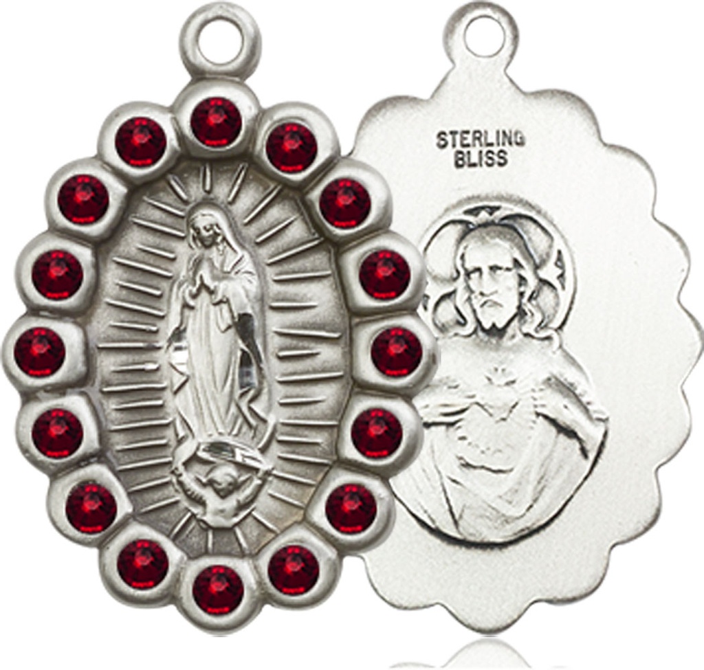 Sterling Silver Our Lady of Guadalupe Medal with Garnet Swarovski stones