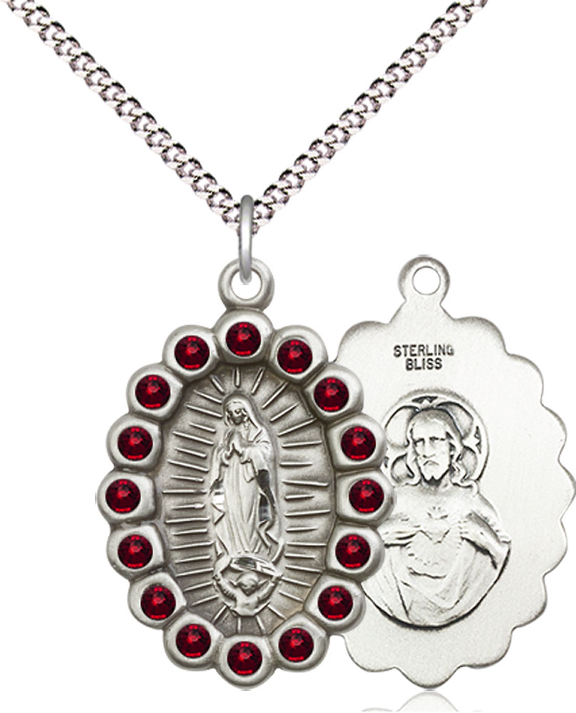 Sterling Silver Our Lady of Guadalupe Pendant with Garnet Swarovski stones on a 18 inch Light Rhodium Light Curb chain