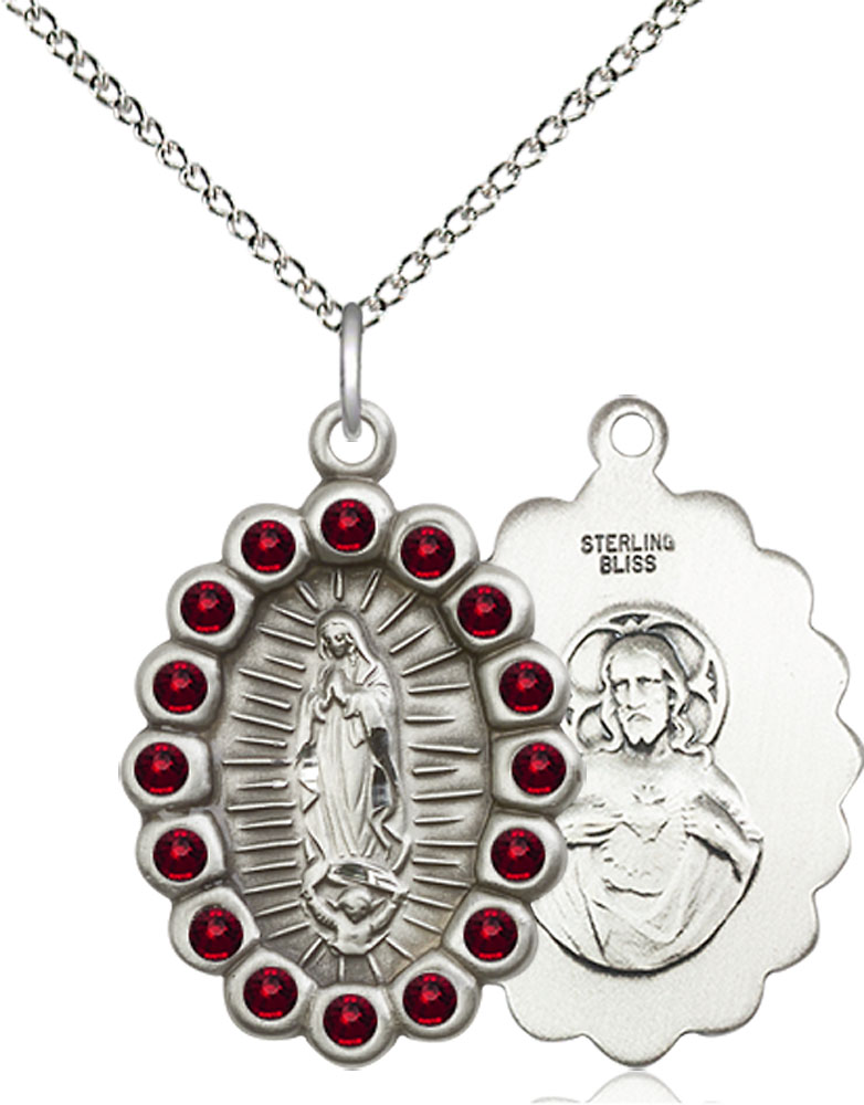Sterling Silver Our Lady of Guadalupe Pendant with Garnet Swarovski stones on a 18 inch Sterling Silver Light Curb chain