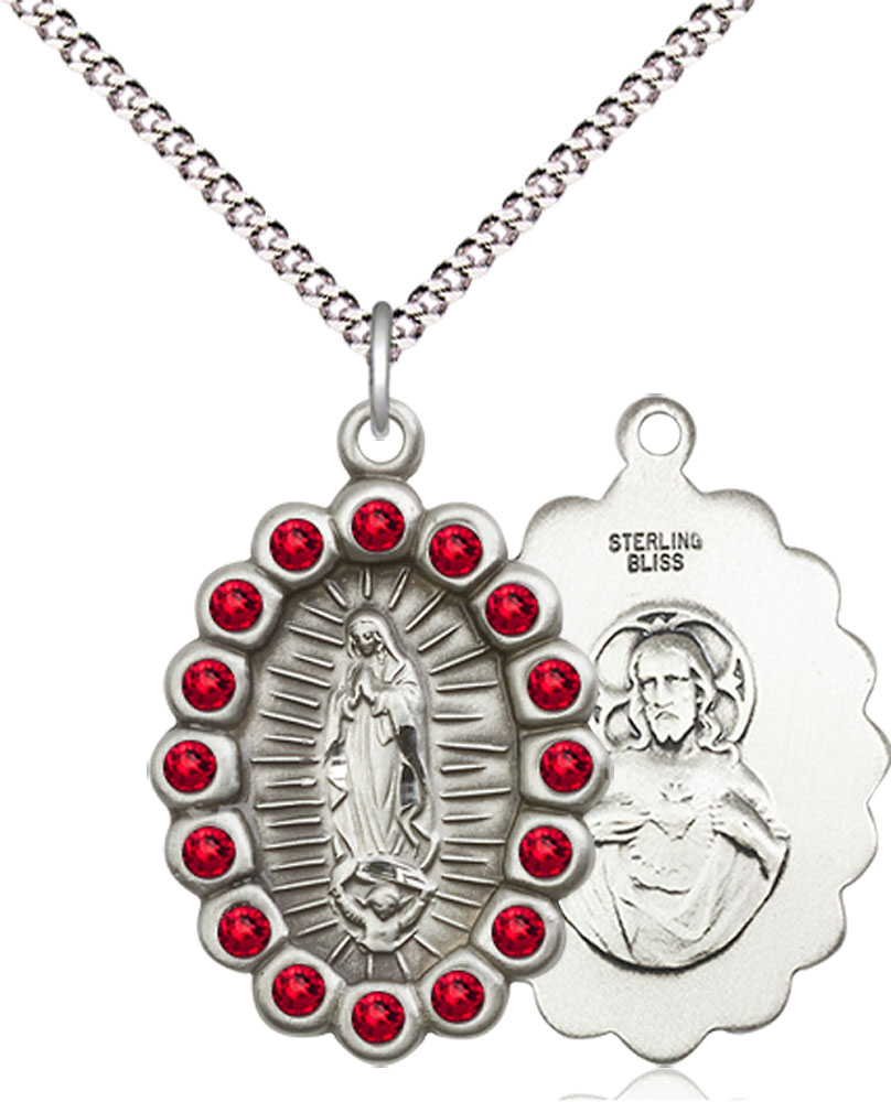 Sterling Silver Our Lady of Guadalupe Pendant with Ruby Swarovski stones on a 18 inch Light Rhodium Light Curb chain