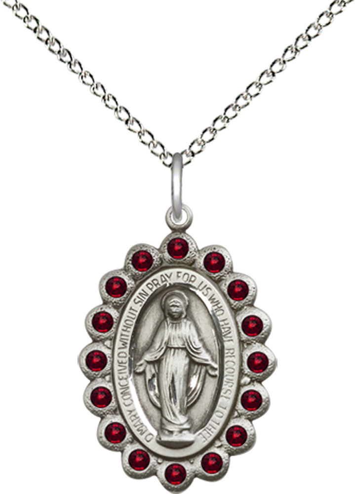 Sterling Silver Miraculous Pendant with Garnet Swarovski stones on a 18 inch Sterling Silver Light Curb chain
