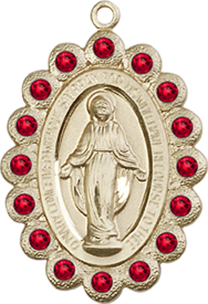 14kt Gold Miraculous Medal with Ruby Swarovski stones