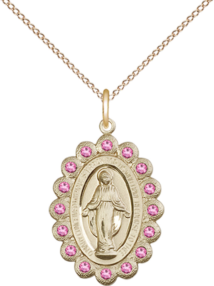 14kt Gold Filled Miraculous Pendant with Rose Swarovski stones on a 18 inch Gold Filled Light Curb chain