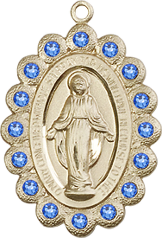 14kt Gold Miraculous Medal with Sapphire Swarovski stones