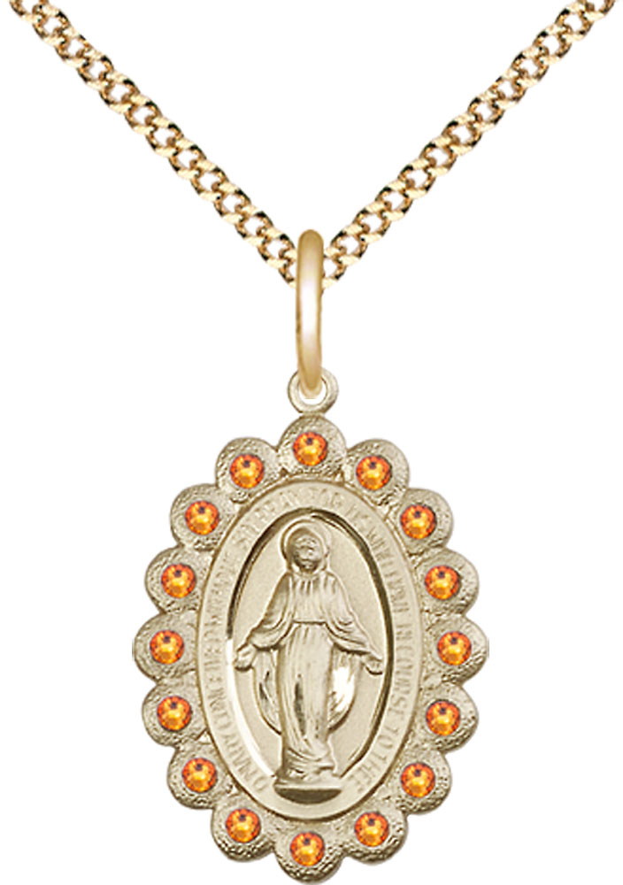 14kt Gold Filled Miraculous Pendant with Topaz Swarovski stones on a 18 inch Gold Plate Light Curb chain