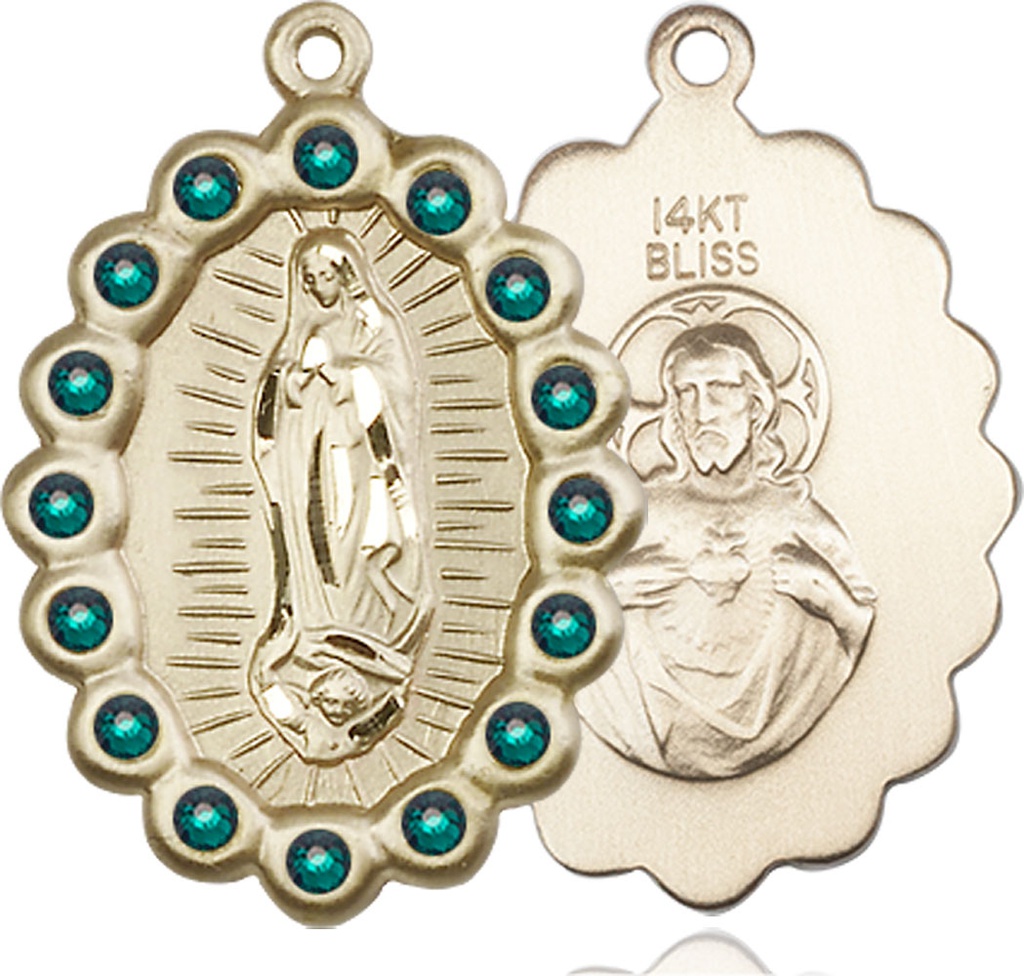 14kt Gold Our Lady of Guadalupe Medal with Emerald Swarovski stones