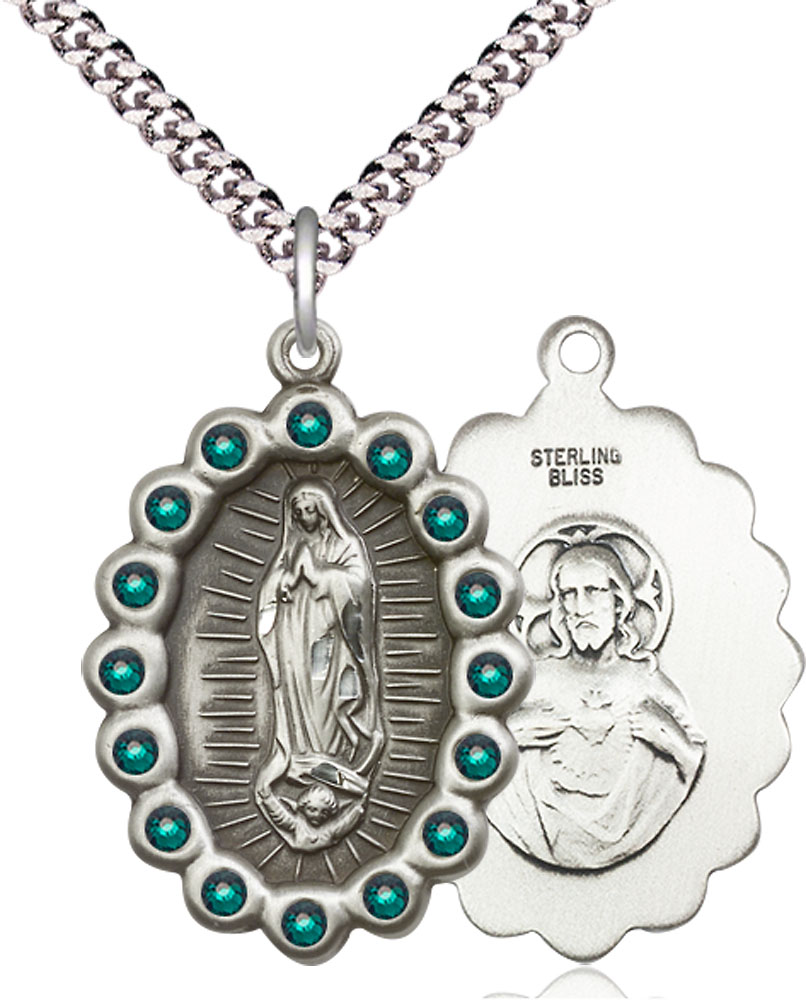 Sterling Silver Our Lady of Guadalupe Pendant with Emerald Swarovski stones on a 24 inch Light Rhodium Heavy Curb chain