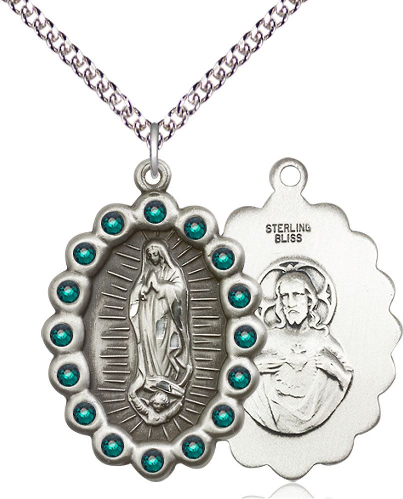 Sterling Silver Our Lady of Guadalupe Pendant with Emerald Swarovski stones on a 24 inch Sterling Silver Heavy Curb chain