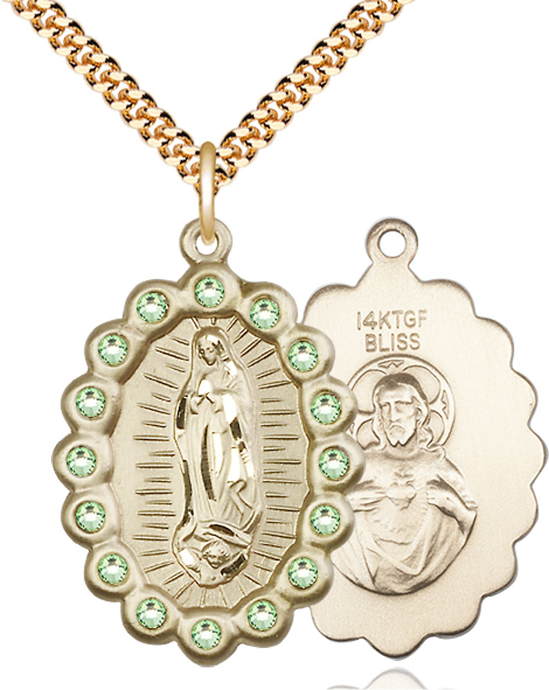 14kt Gold Filled Our Lady of Guadalupe Pendant with Peridot Swarovski stones on a 24 inch Gold Plate Heavy Curb chain