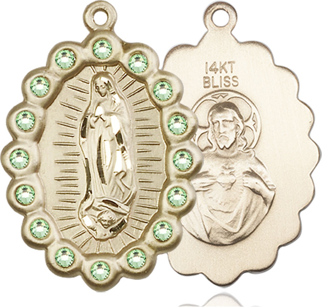 14kt Gold Our Lady of Guadalupe Medal with Peridot Swarovski stones